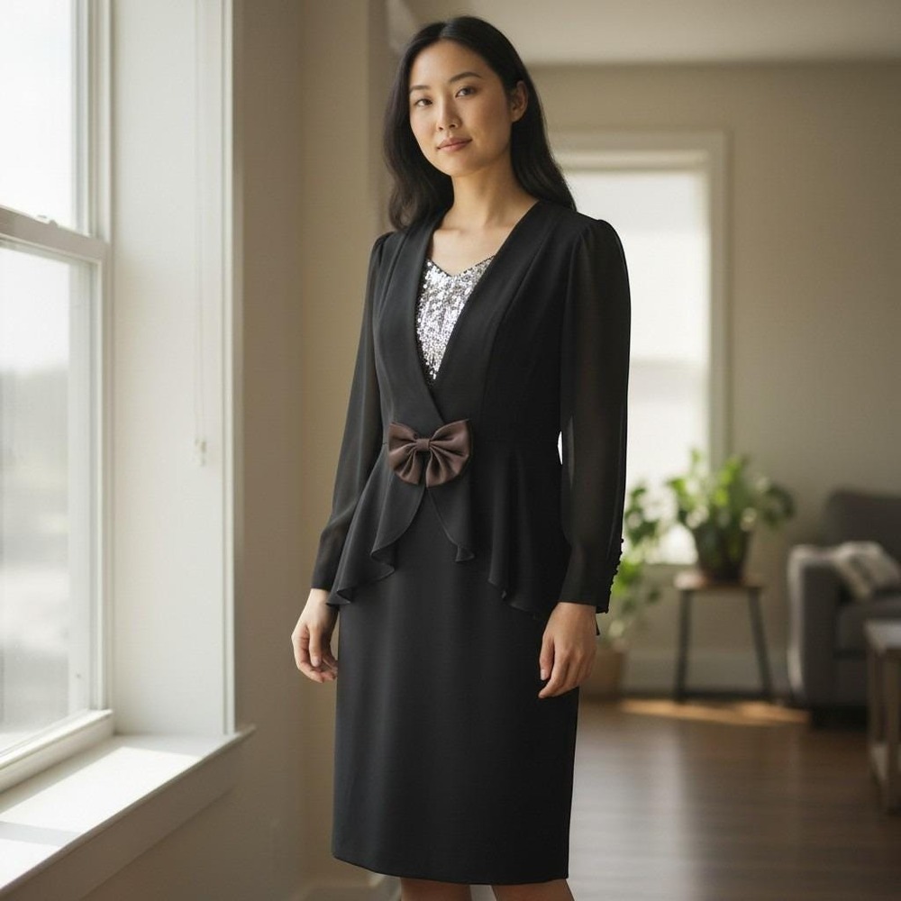 Womens 10 Formal Dress Jacket Set Black Sequin Mother of Bride Ursula USA‎